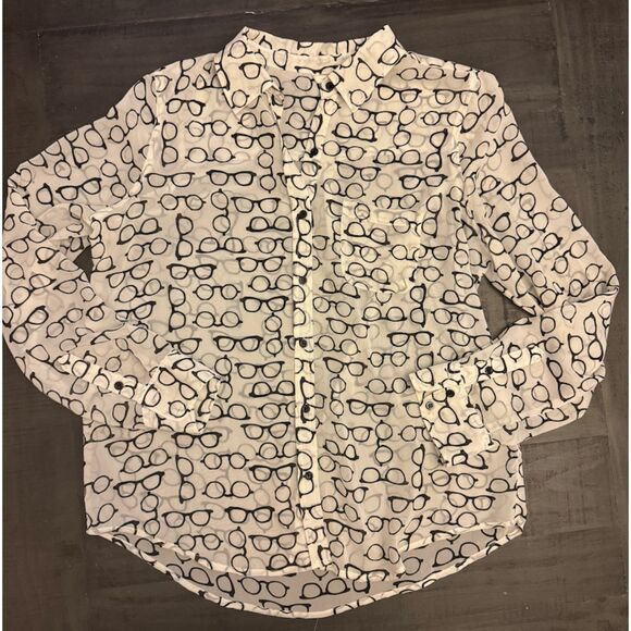 I Love HB1 Eyeglasses Print Sheer Long Sleeve Button Up - Sz L - Picture 1 of 10
